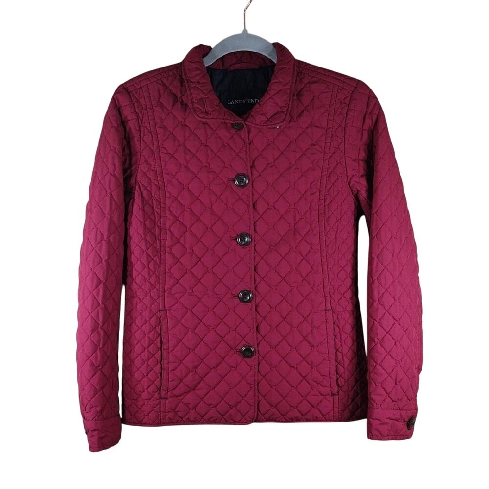 Lands' End Red Quilted Winter Casual Outdoor Warm Button Down Puffer Jacket